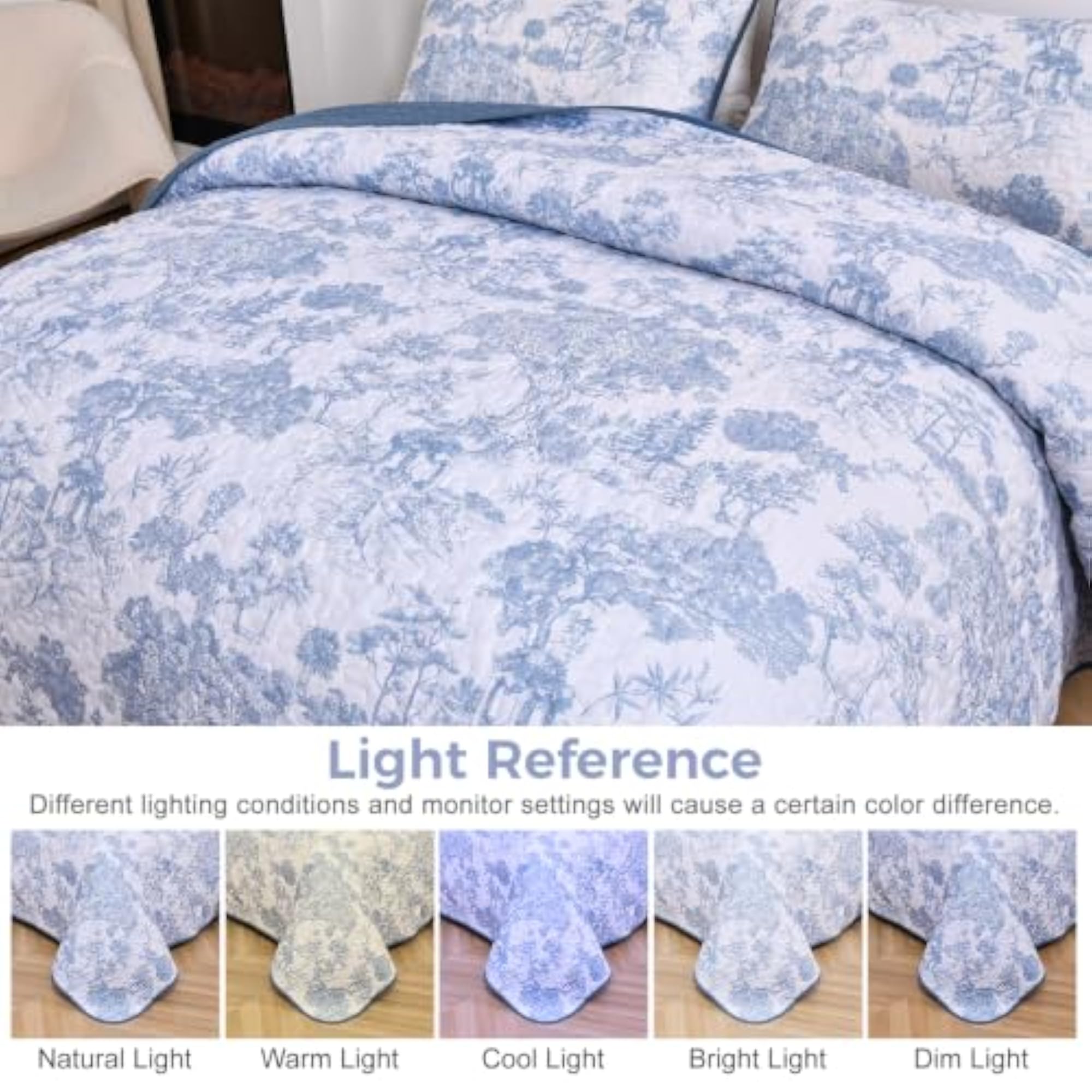 3 Pieces Blue Botanical Quilt Set, Queen Size
