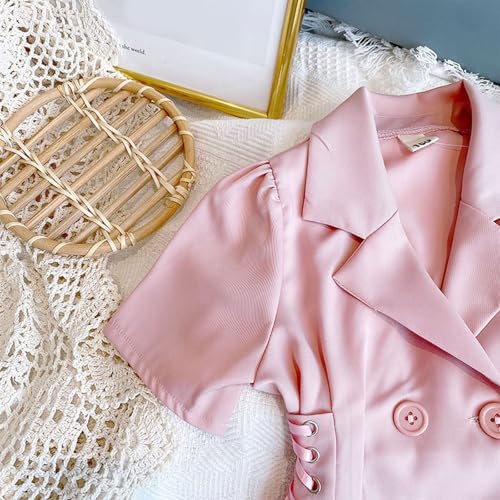 Kid Girl Dress Coats Short Sleeve Lapel Ribbon Bandage Waist Double-Breasted Summer Thin Princess Dress Blazer4