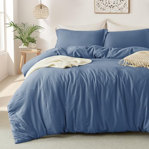 Image of MILDLY Duvet Cover Cal King Ultra Soft Comforter Cover Set 3pcs, Denim | Washed Microfiber Cotton-Like, Breathable Comfort, Hidden Zipper, Corner Ties, OEKO-TEX Certified, Fade Resistant