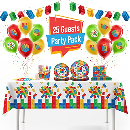 Building Block Birthday Party Supplies Set | Baby Boy Toddler Kids Birthday Brick Decorations – Cups Plates Signs Napkins Balloons Tablecloth Utensils – Decorations for Boys and Girls – Serves 25