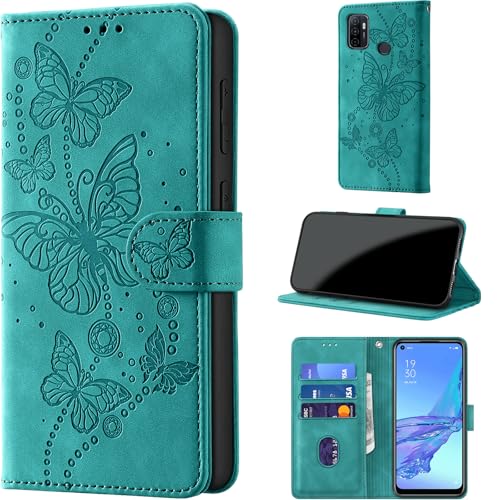 Handyhülle für Oppo A53s 4G / A11S Hülle Klappbar Premium PU Lederhülle Klapphülle【RFID Schutz】 Kartenfach Standfunktion Leder Prägung Schutzhülle Flip Hülle Tasche Cover, Türkis