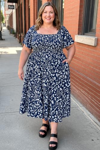Image of RITERA Plus Size Dresses for Curvy Women Square Neck Short Sleeve Summer Floral Smocked Maxi Dress with Pocket XL-5XL