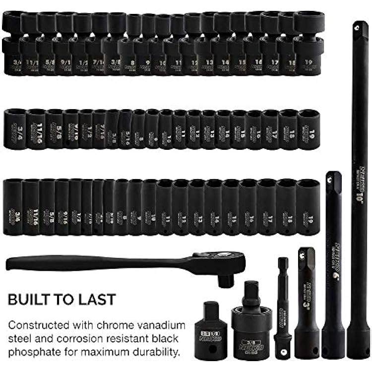 NEIKO 02471A Impact Socket Set, 3/8 Drive, 67 Piece, Metric and Standard Master Socket Set with Shallow & Deep Sockets, Ratchet, Swivel Sockets, Extension Bars, Adapters, Cr-V & Cr-Mo