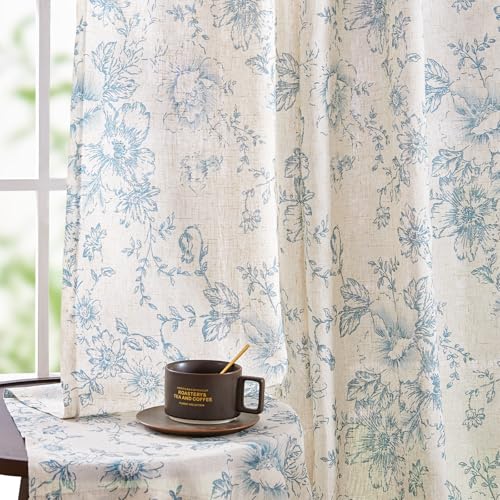 Image of jinchan Linen Blend Curtains Floral Curtains for Living Room 84 Inch Length Blue Printed Curtain Rod Pocket Back Tab Farmhouse Peony Flower Patterned Drapes Bedroom Window Curtain Set 2 Panels
