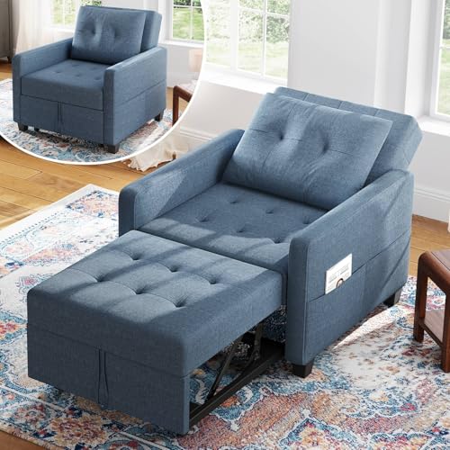 Bleu Canapé-lit Compact 3-en-1, canapé Pliant & ottomane avec Fonction lit, Fauteuil Convertible jusqu'à 200 kg, canapé-lit avec revêtement Effet Lin,...