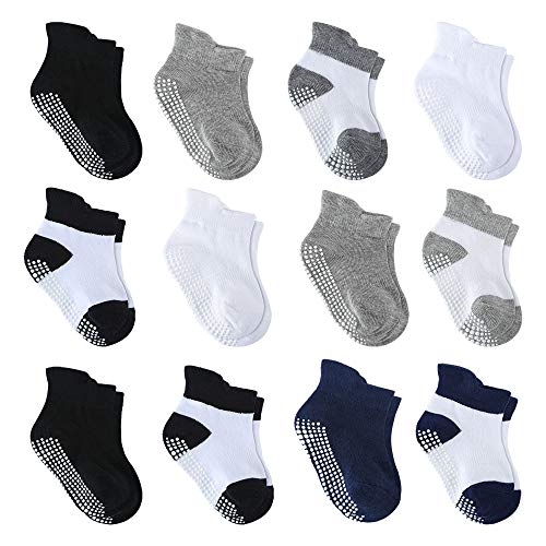 Non Slip Grip Ankle Socks- Baby Toddler Infant Newborn Kids Boys Girls Non Slip/Anti Skid Gift Set 12 Pairs (3-12Months, Assorted)