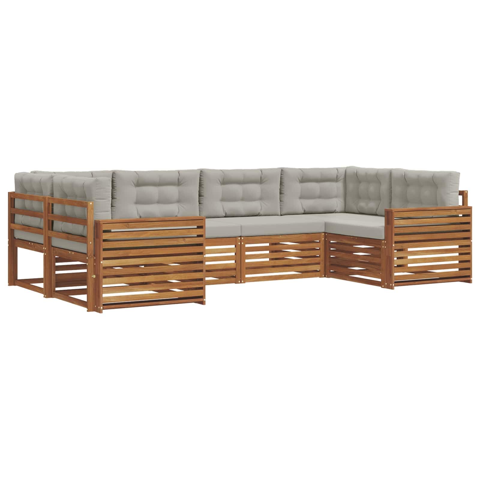 Zestaw sof na zewnątrz z poduszką 6 sztuk, meble ogrodowe z litego drewna akacjowego, komplet mebli tarasowych w kolorze naturalnym i jasnoszarym, nowoczesny design modułową