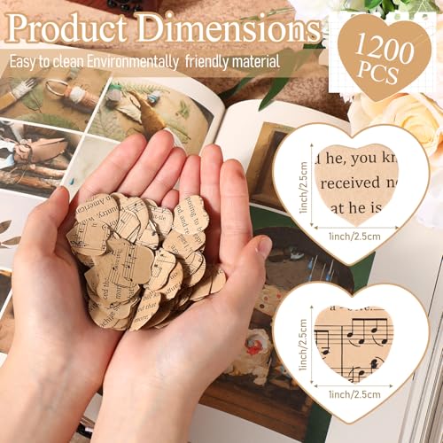 Image of Marspark 1200 Pcs Book Page Heart Confetti 1 Inch Vintage Newspaper Wedding Table Confetti Novelty Party Decorations for Book Themed Party Birthday Photo Prop Bridal (English, Music, Khaki)