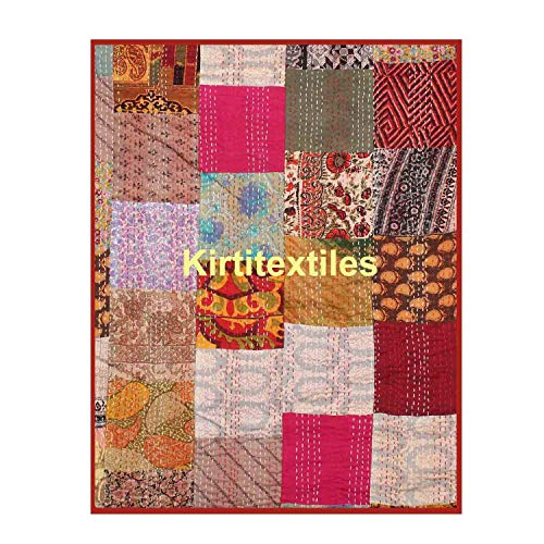 Image of Silk Hand Made Design Kantha Quilt Blanket, Bed Cover, Bedspread (Size 90 inch X 108 inch) - Multicolour