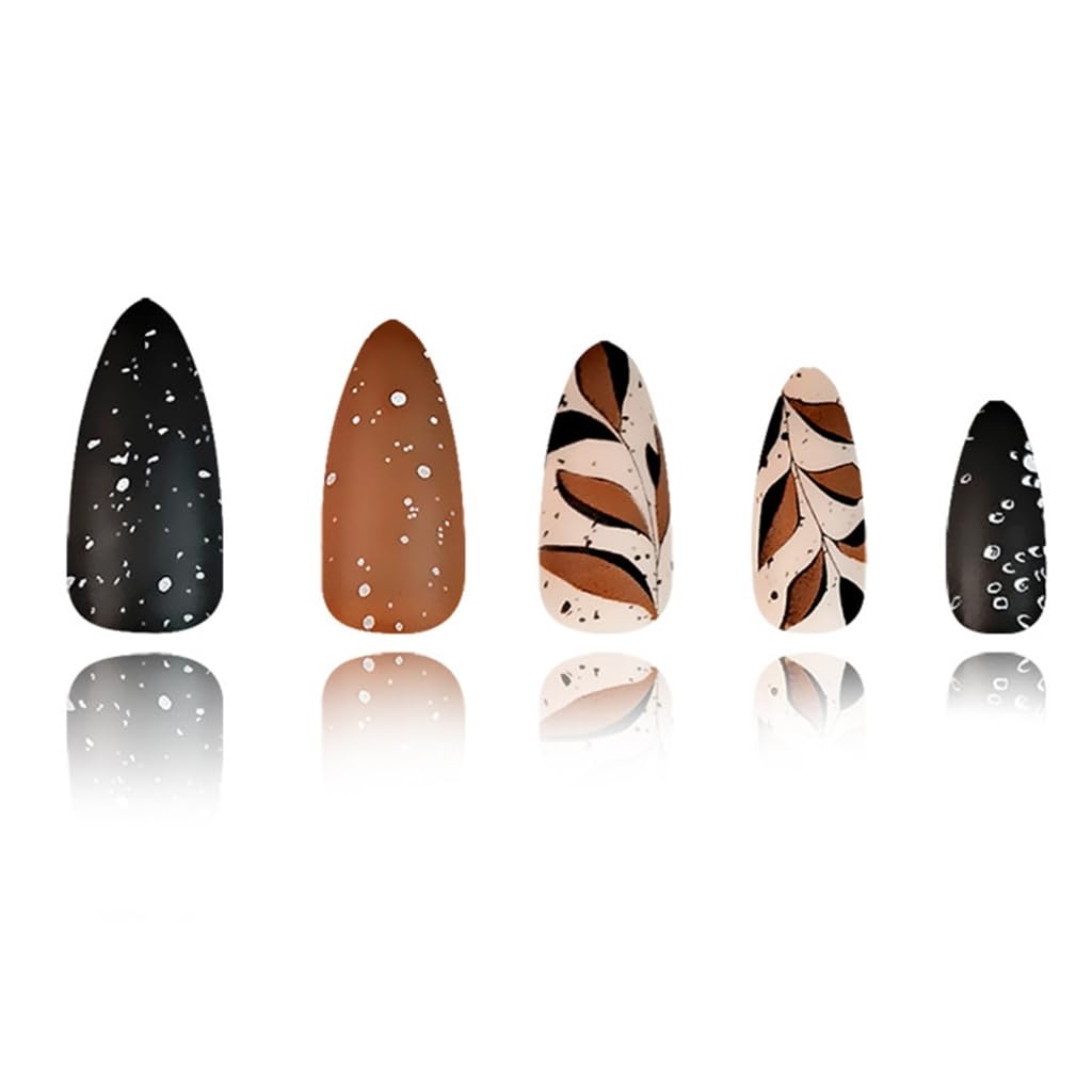24 Pcs Fall Coffee Leaves Acrylic Nails Autumn False Nails Long Almond Full Covers Stick on Nails