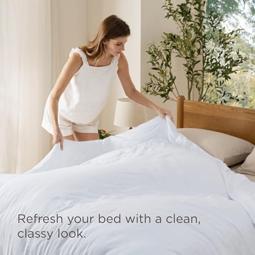 Image of Bedsure Prewashed Bright White Duvet Cover King Only, Cotton-Like Feel | 1 Duvet Cover Only, No Pillow Shams, Ultra Soft, Relaxed Texture, Zipper Closure, 8 Corner Ties, Year-Round, Easy Care