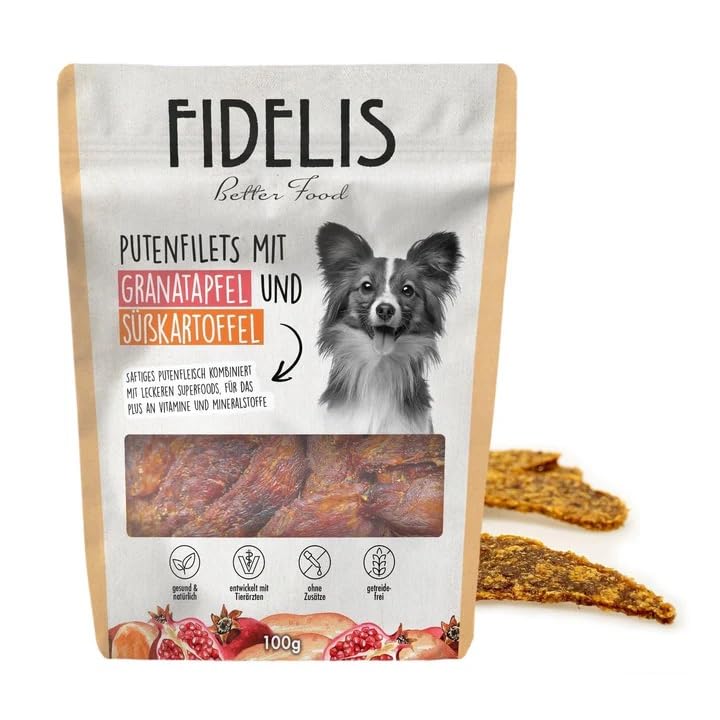 Fidelis - Putenfilets Granatapfel & Süßkartoffel für Hunde 100gr - Luftgetrocknete Hunde Leckerlis aus 100% natürlichen Rohstoffen - Hunde Leckerli als Snack