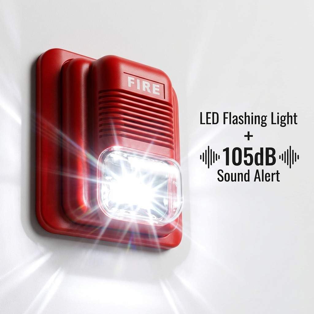 QWORK Fire Alarm, 12 / 24V DC Wired Sound and Light Fire Alarm Warning Strobe Siren Horn, Security System Sensor