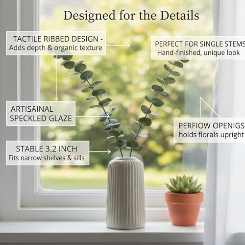 Image of KREATIVE ART'S Modern Ribbed Design Ceramic Flower Vase for Living Room, Flower Pots for Artificial Flower, Home Decoration Item, Home Decor, Vases for Living Room (Texture White, Small)