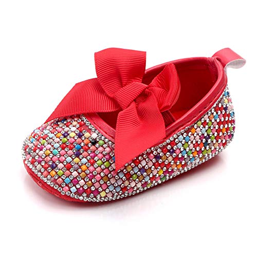 Baby Girls Mary Jane Flats Sparkly Bow Diamonds Princess Dress Shoes Anti-Slip Infant Crib Shoes (6-12 Months Toddler, Colorful Red) #TOP4