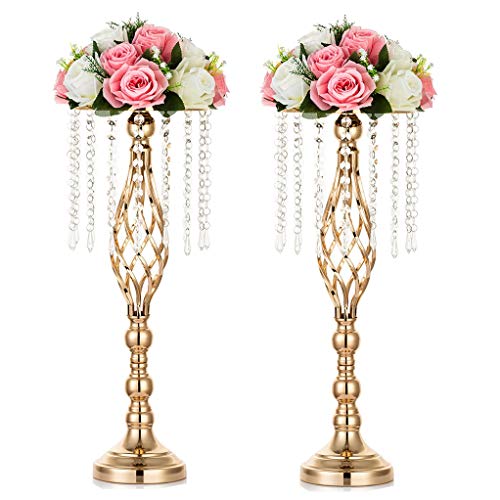 Sziqiqi 2 Jarrones para Centros de Mesa De Boda, Jarrones de Metal Oro 55 cm Alto con Cadena de Cuentas Cristal para Boda, Arreglos de Flores Artificiales para Fiesta Fiesta Evento Recepción