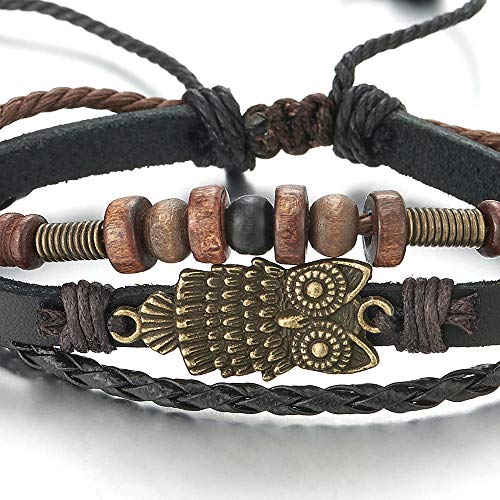 Mens Womens Multi-Strand Braided Leather Cotton Strap Bracelet with Owl and Beads Charms2