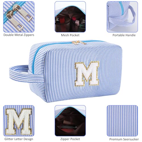 Personalized Initial Makeup Bag A-Z, Travel Toiletry Bag Preppy Make Up Bags Girls Cute Cosmetic Pouch Makeup Organizer Wedding Birthday Mothers Day Gifts for Women (Blue, A)4
