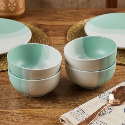 Image of The Earth Store TT Green Matte Ceramic Dinner Set, 18 Pieces with 6 Dinner Plates & 12 Vegetable Bowls | Microwave & Dishwasher Safe | Dinner Set for Dining Table