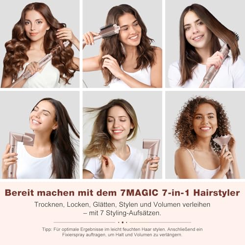 7MAGIC 7 in 1 Airstyler, Professioneller Hairstyler Set, 110000 U/Min, 1400W, Rundbürstenföhn, Lockenstab Auto-Wrap, Glätteisen, Ionen Föhn, Zum Styling, Volumisieren, Locken und Glätten, mit Reisebox