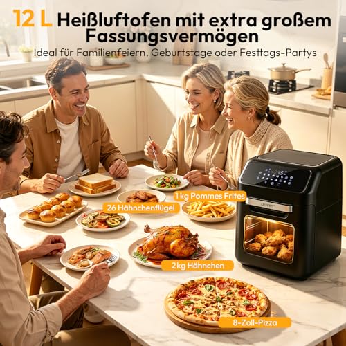 LLIVEKIT 12L Heißluftfritteuse, Heißluftbackofen mit Drehspieß, Mini Backofen mit Umluft 1800W...