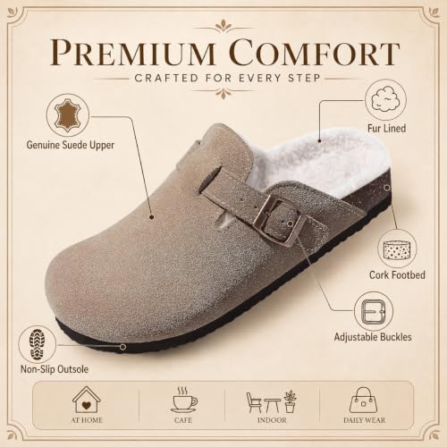 Image of KIDMI Women's Fur Lined Genuine Suede Clogs Fuzzy Cork Footbed Potato Shoes | Adjustable Metal Buckle, Non-slip Rubber Soles, Cushioning, Cozy and Warm, Supportive, Indoor, Outdoor, Winter, Casual