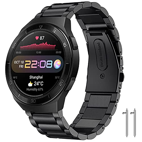 Diruite für Huawei Watch 3 Pro 48mm Armband Uhrenarmband,Galvanisieren Edelstahl Metall Mit Doppelt Faltschließe für Huawei Watch 3 Pro 48mm Ersatzarmbänder-Schwarz Cover