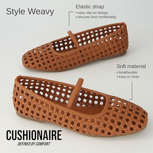 CUSHIONAIRE Weavy Squared Toe Woven Ballet Flats Shoes for Women with Memory Foam | Comfortable Mary Jane Flats for Women with Breathable Mesh Design | Wide Widths Available2