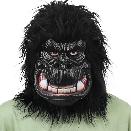 CrDoJu Halloween Monkey Head Mask Chimpanzee Mask Black with Fur Latex Full Head Mask for Carnival Costume Party Prop (Long hair gorilla)