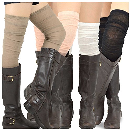 Teehee Women's Fashion Extra Long Cotton Thigh High Socks - 4 Pair Pack (Solid)
