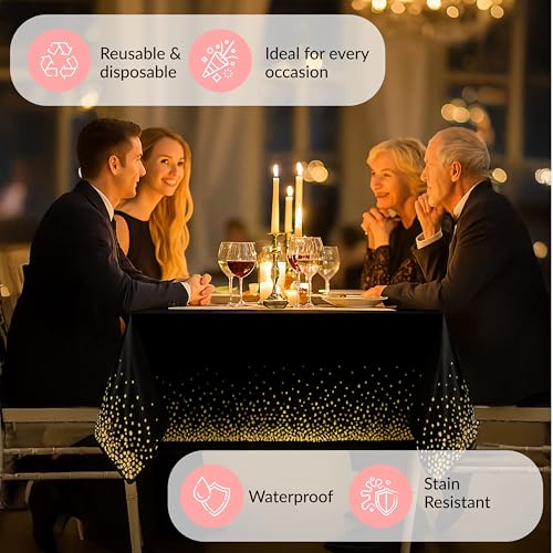 Image of Prestee 12-Pack Black and Gold Dots Disposable Tablecloths - 108x54 Inch Waterproof Plastic Table Covers - Elegant, Heavy-Duty Party Tablecloths for Weddings, Birthdays, Holidays, and Events