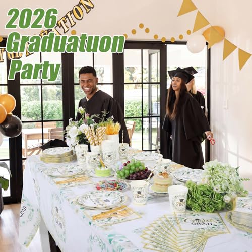 Image of Funnymoom 452 Pcs Class of 2026 Sage Green Graduation Decoration Party Supply for 50, Green Gold Eucalyptus Congrats Grad Paper Plates Napkins Cup Tablecloth Cutlery for Freshly Graduated Decoration