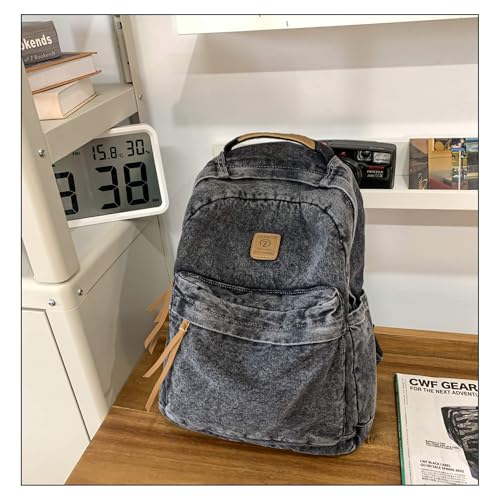 Vintage Denim Backpack for Women, Retro Jean Rucksack with Large Capacity, Lightweight Travel Daypack, Y2K Streetwear Aesthetic Shoulder Bag for Daily Use Work Outdoor Trips (Black)4