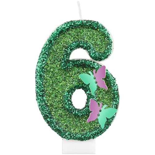 Velas de mariposa con purpurina para 6º cumpleaños, diseño de mariposa, color verde, para decoración de tartas de 6º cumpleaños, para niñas y mujeres