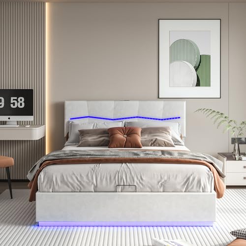 BLSYHDH Letto Imbottito con Baule 160 x 200 con LED, Cassettone Idraulico Matrimoniale (beige+PU)