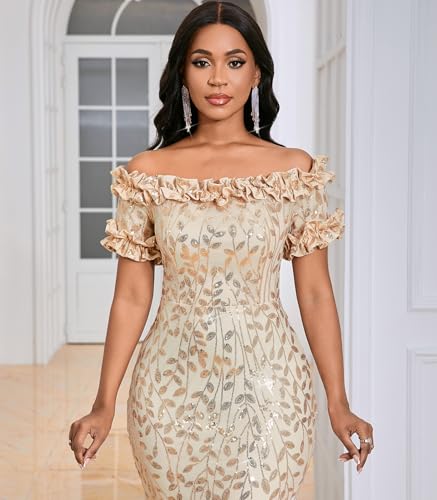 Image of dasmzper Women Sexy Sequin Off Shoulder Ruffle Short Sleeve Bodycon Mermaid Party Formal Evening Maxi Dress