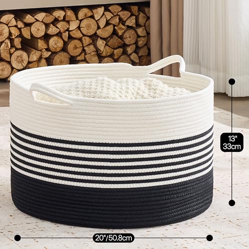 Image of KAKAMAY Cotton Rope Storage Basket (20 inchx13 inch),Woven Hamper for Blankets,Toys,Pillows,Clothes,Laundry,Sturdy Handles Decorative Basket for Living Room, Bedroom,Nursery(Black /Black Fringe)