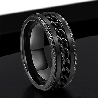 Stainless Steel Men's Ring-Stylish Chain Inlay Ring,316L Stainless Steel Anxiety Ring for Men with Stress Free,Comfort Fit Size 7-12