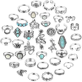CASSIECA 40 Pcs Vintage Silver Knuckle Rings Set for Women Teen Girls Bohemian Stackable Joint Finger Rings Retro Turquoise Stone Crystal Stacking Midi Rings Pack