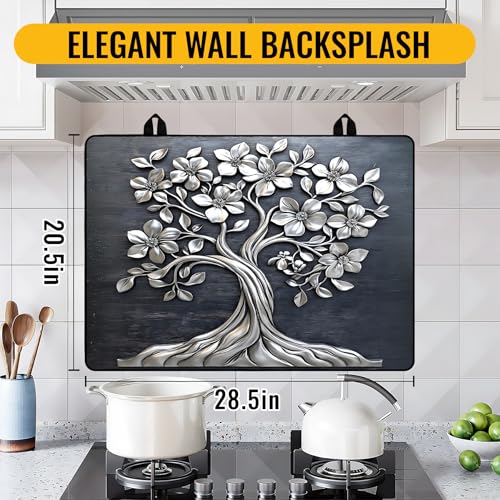Image of NYZE Stove Cover for Electric and Glass Stove Tops 3-in-1 Stove Mat, Heat Resistant Counter Protector Mat, Non-Slip Surface & Drying Rack (Silver Tree, 28.5 inchLx20.5 inchW)