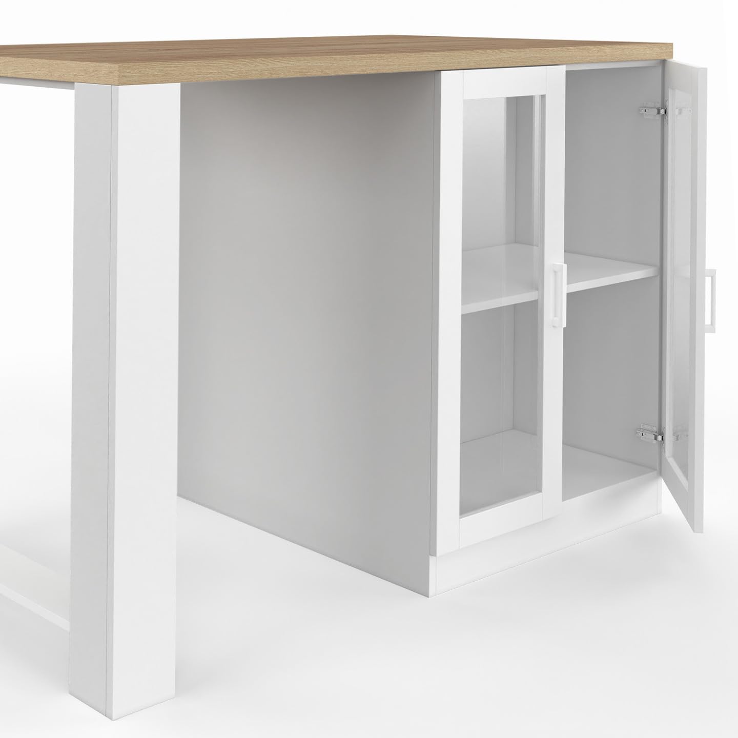IDMarket - Ilot Central Lino 120 cm 2 Personnes Bois Blanc et Plan de Travail façon hêtre et Portes vitrées