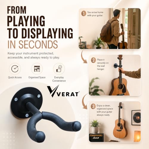 Image of VERAT 2 Pcs Guitar Wall Mount Hanger Hook, Wall Mounted Guitar Holder Stand with Soft Foam Padding, Heavy Duty Metal Guitar Rack for Acoustic, Electric, Bass Guitar, Ukulele, Banjo & Mandolin, Black