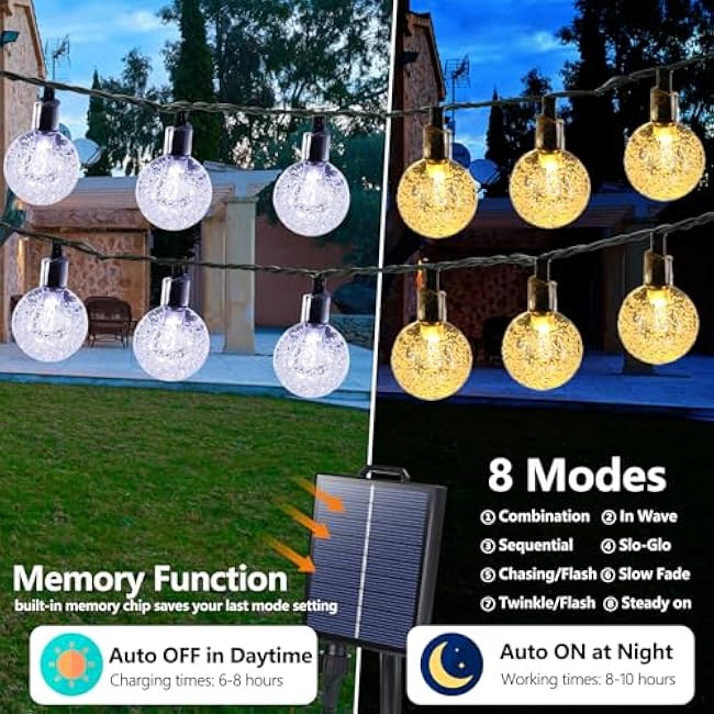 Joomer Solar String Lights Outdoor, 65FT 100LED Solar Globe String Lights 8 Lighting Modes, Waterproof Solar Powered Patio Light for Garden Yard Porch Wedding Party Outdoor Decoration (Warm White)