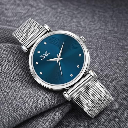 Image of LOUIS DEVIN Mesh-Type Stainless Steel Chain Analog Wrist Watch for Women (Black /Blue /Pink /Green Dial) | LD-L504-CH