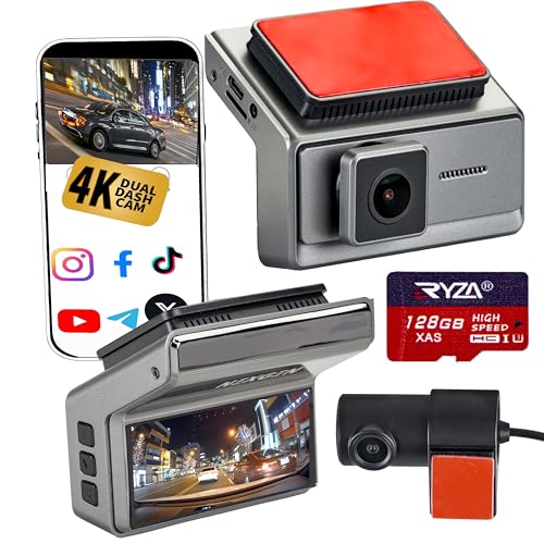 4K Dual Dash Cam Front and Rear, Free 128GB SD Card, Built-in WiFi, G-Sensor, Loop Recording, Emergency Lock, Night Vision & 24-Hour Parking Mode with the Free Hardwire Kit