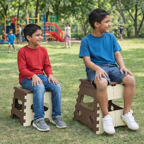 Image of PulGos 12 Inch + 18 Inch Folding Step Stool Combo for Adults & Kids | Heavy Duty Foldable Plastic Sitting Stool for Home, Kitchen, Bathroom, Garden & Travel | Anti-Slip, Durable | BRWN & White