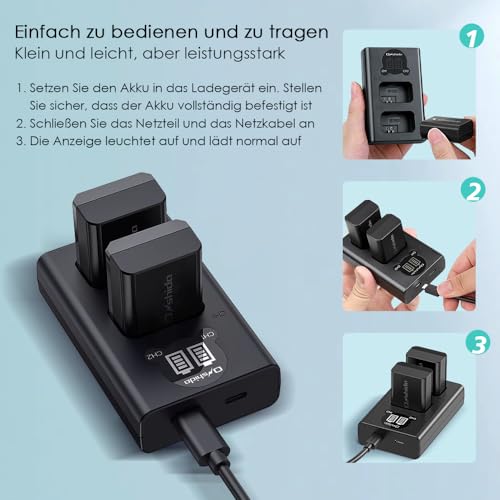 Onshida NP-FW50 Akku 2 Pack 1200mAh Batterie Ladegerät für Sony ZV-E10 Alpha A6000 A6500 A6300 A5100 A7II A7RII A7SII A7S A7S2 A7R A7R2 A3000 A33 A35 A37 A55 RX10 NEX5 Kamera