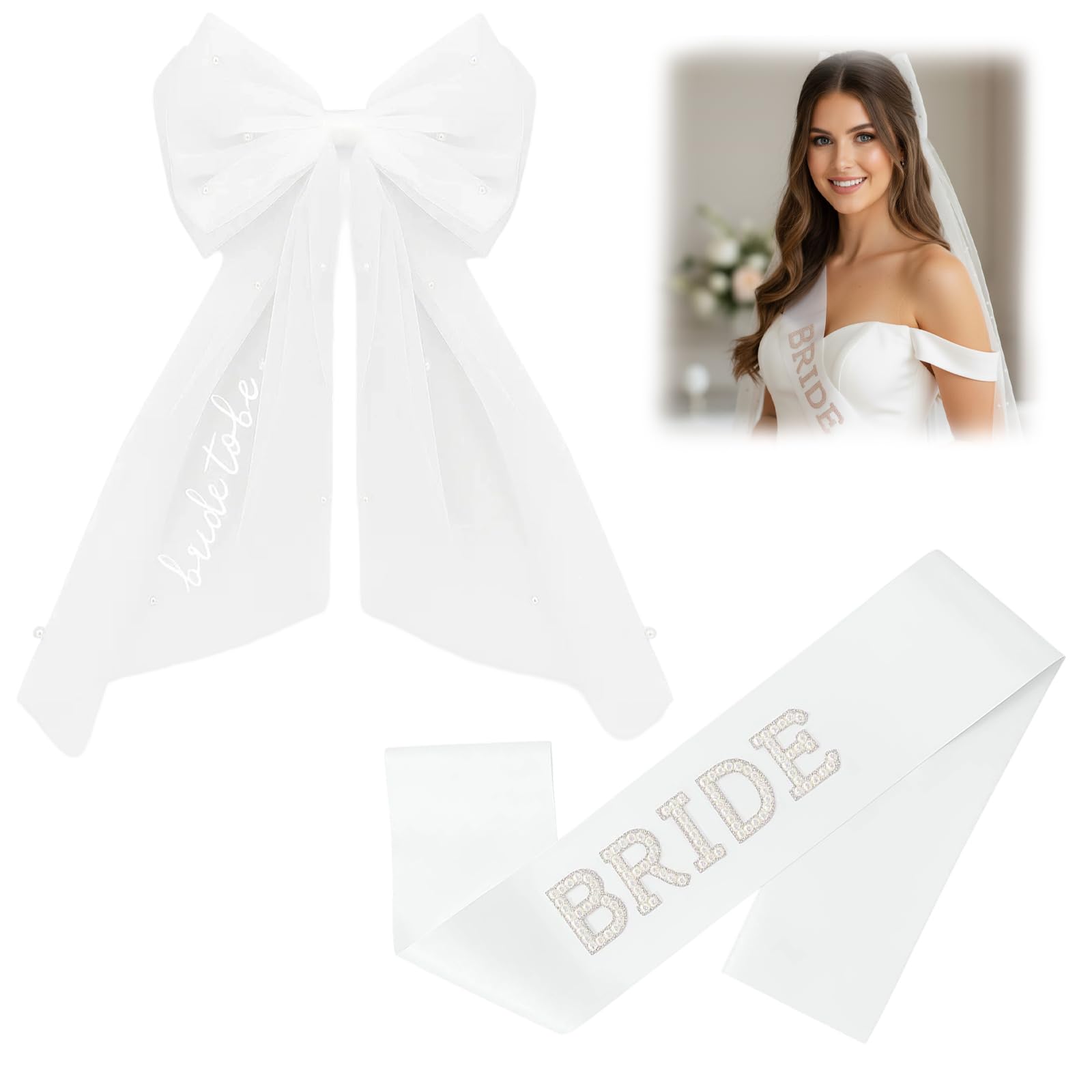 Bride to Be Veil and Sash 2pcs Set, Bow Veil and Sash for Bride, Bachelorette Party Accessories, Wedding Bridal Shower Gift