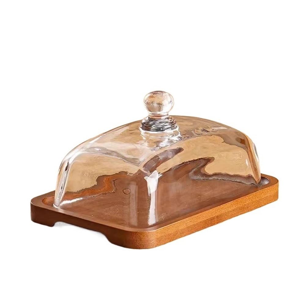 HPTHLY Butter Dish Rectangular Wooden Butter Plate Glass Cover Yellow Oil Plate Snack Dim Sum Cake Dessert Plate Butter Container (Light Brown)