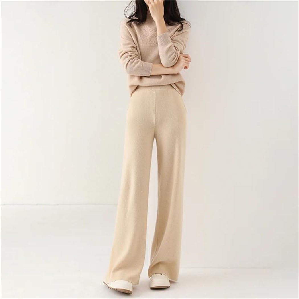 Women’S 100% Merino Wool Wide Leg Knit Pants, Winter Solid Color Warm Trousers with Pocket